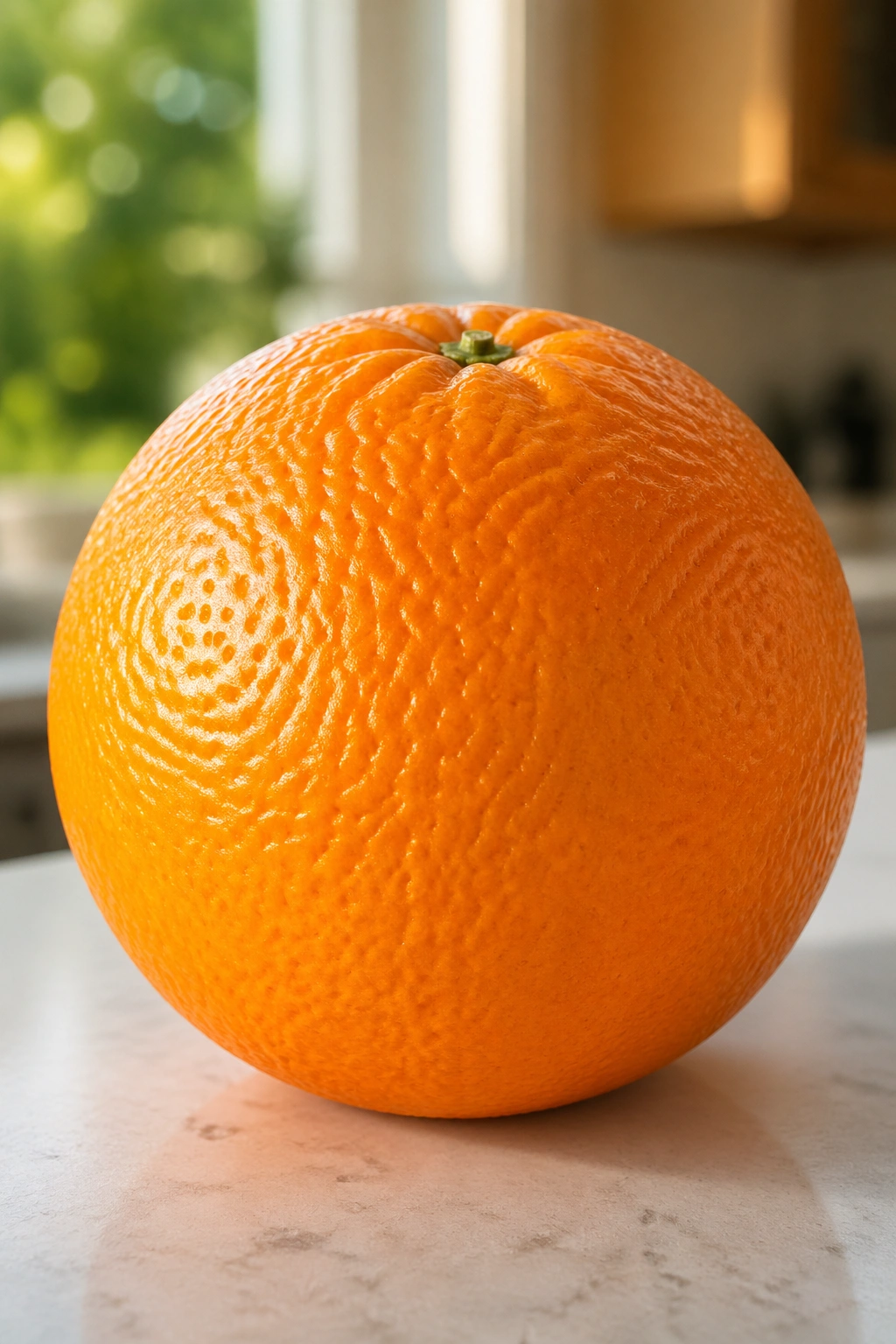 Bright orange on a kitchen counter in natural light