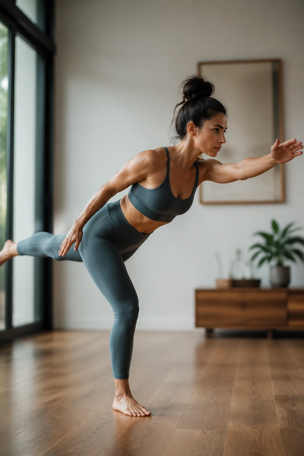 Real woman performing Skater Hinge and Reach in a bright gym or living space