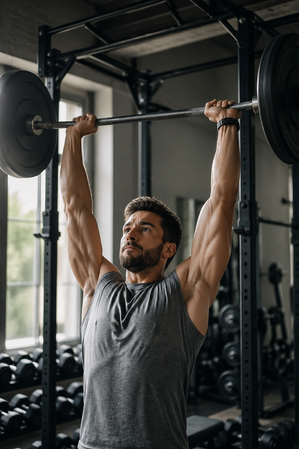 Person overhead pressing with chin-up bar in background
