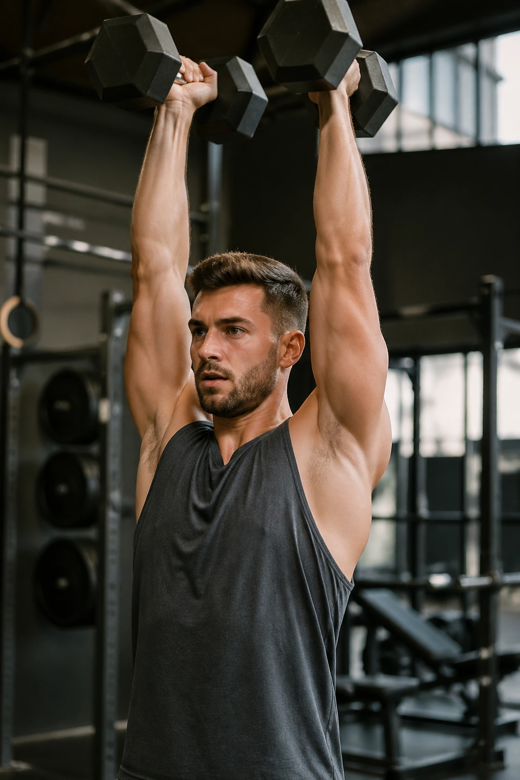 Upper body during overhead press with arms extended overhead using dumbbells