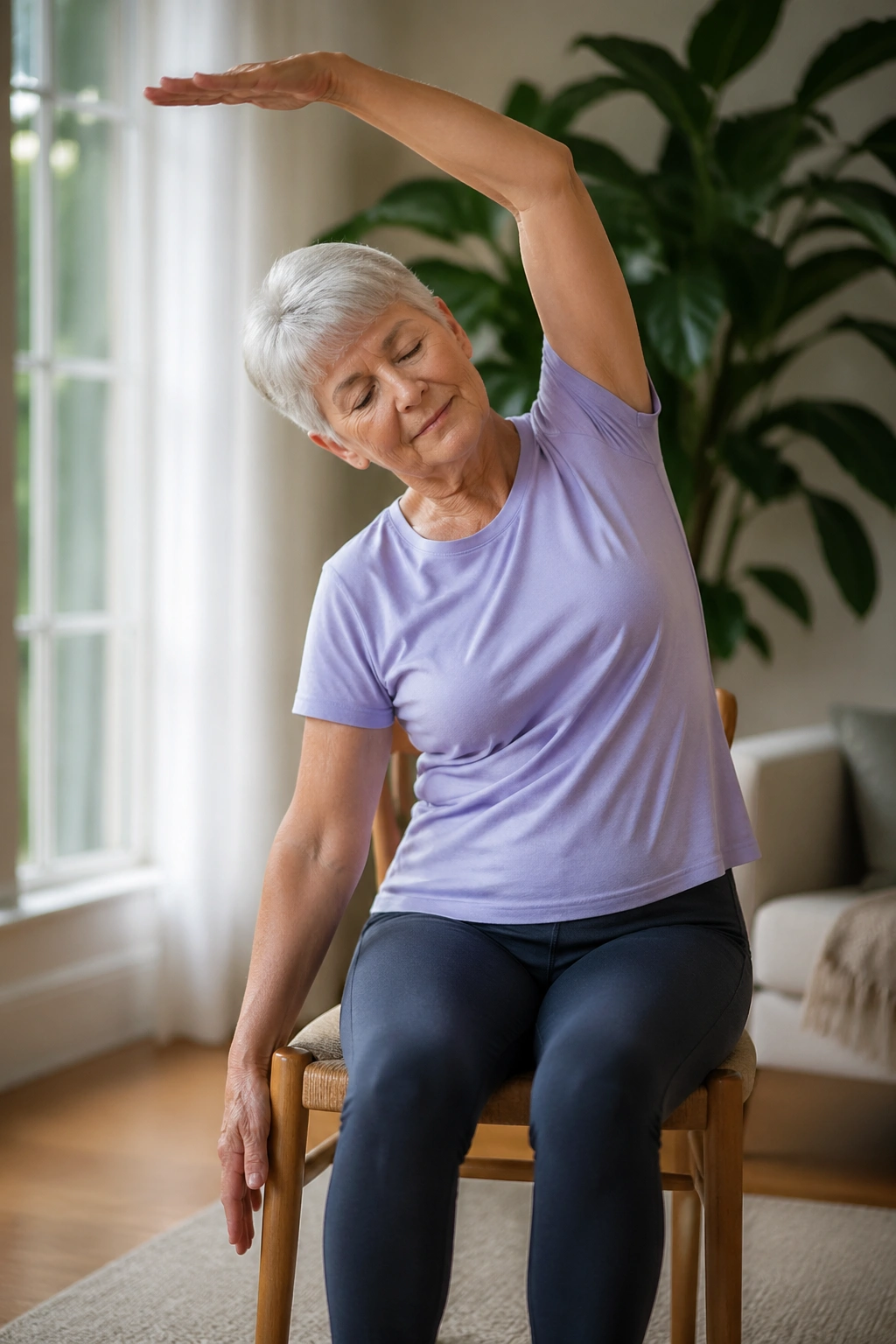 Medium close-up of a person performing an overhead reach and side bend