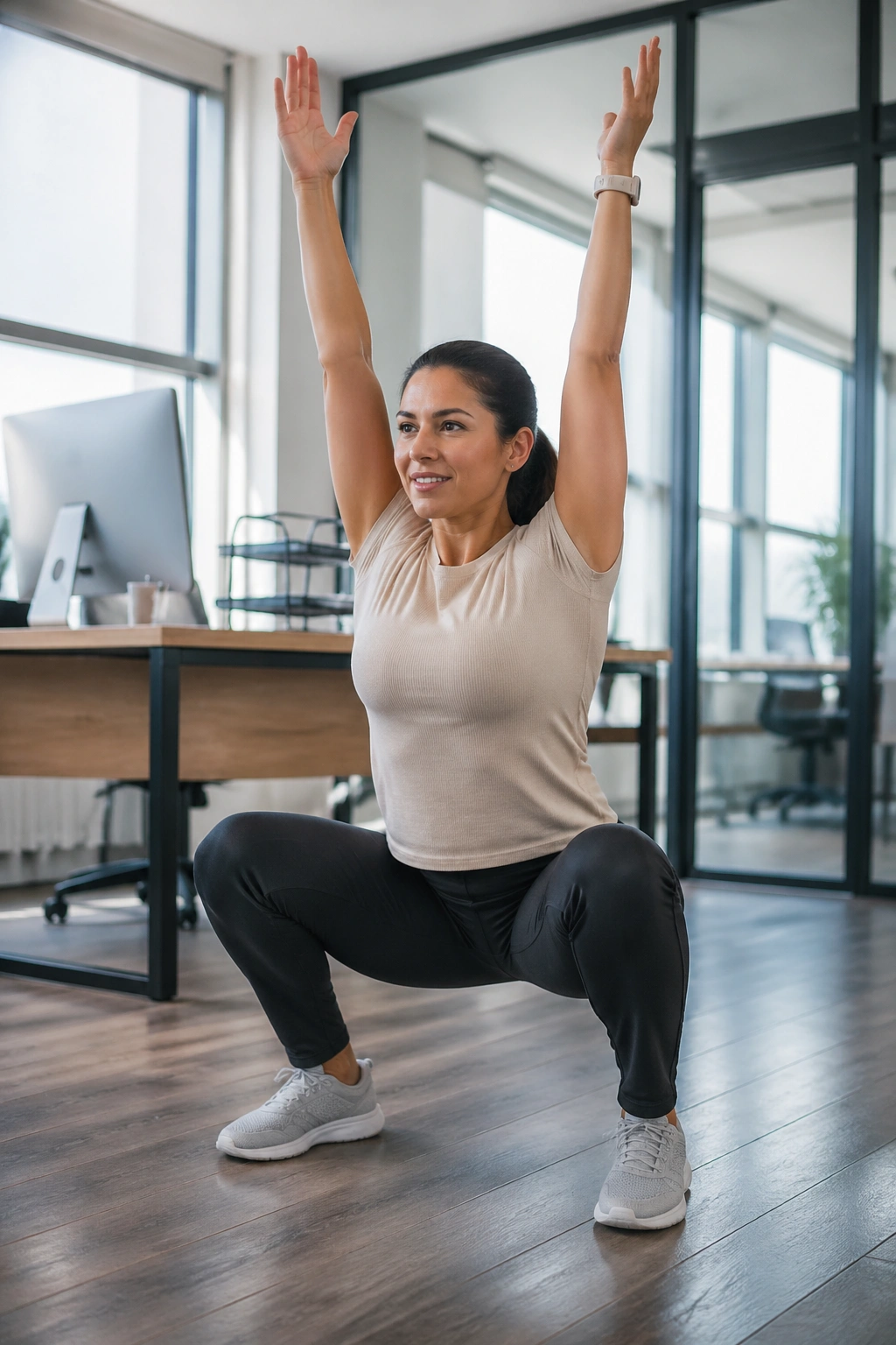 Person performing squat with overhead reach in an office