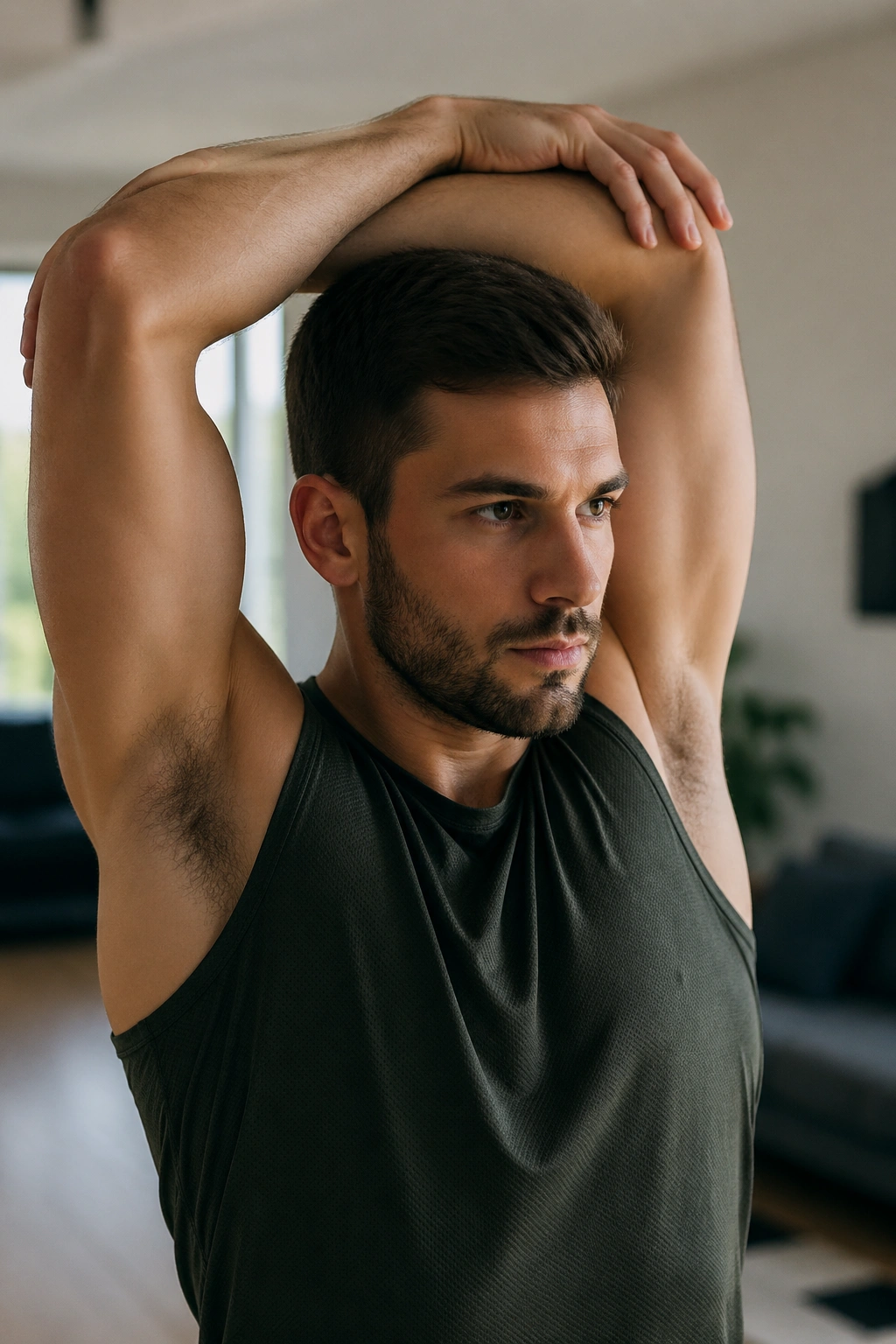 Close-up of a person performing overhead triceps stretch with elbow behind head.