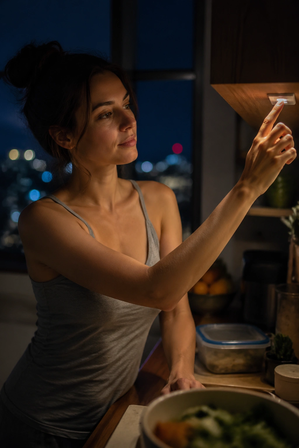 Person turning off kitchen light to stop late-night grazing.
