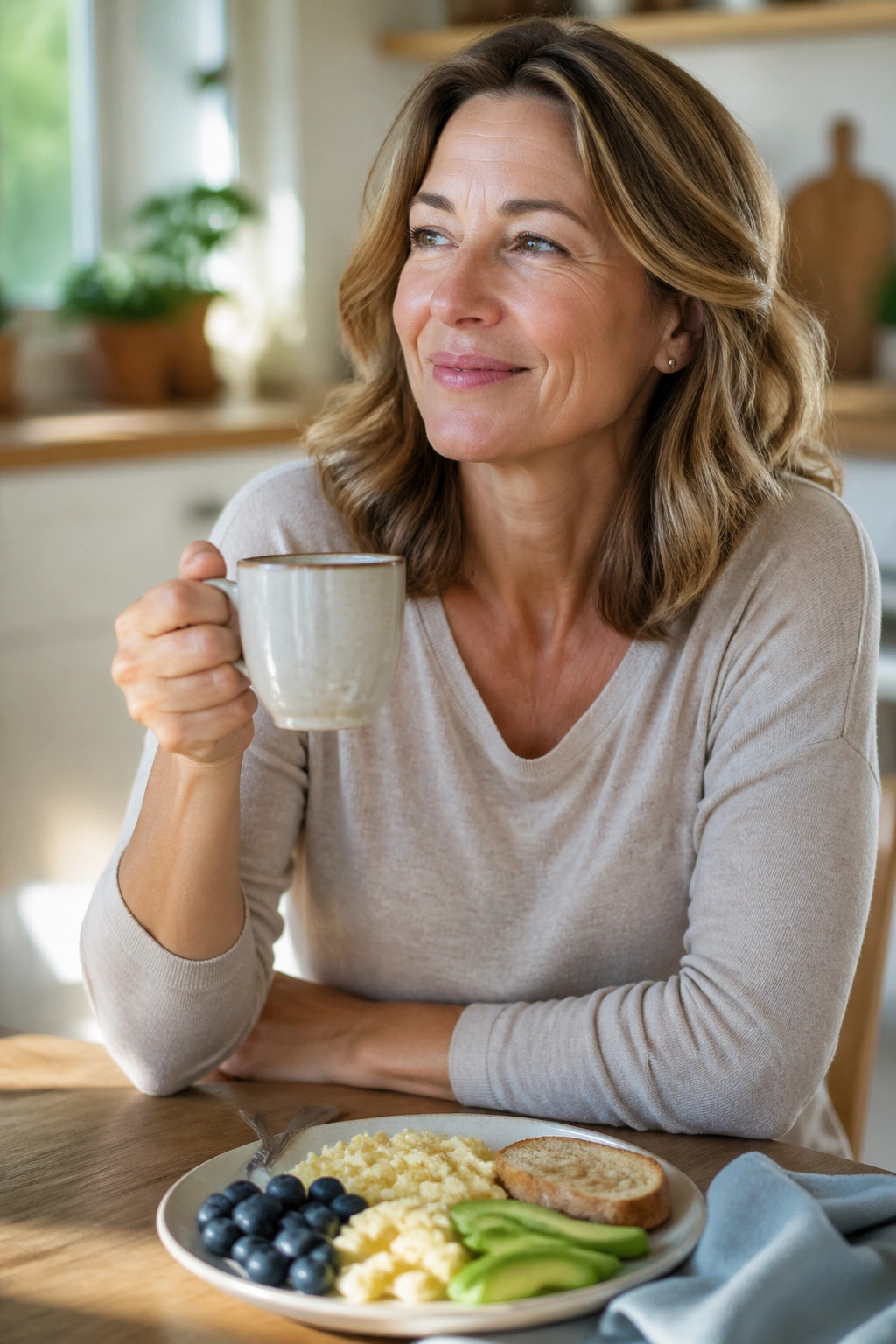 Portrait of a real woman at a kitchen table with a modest breakfast plate illustrating a gentle overnight fast