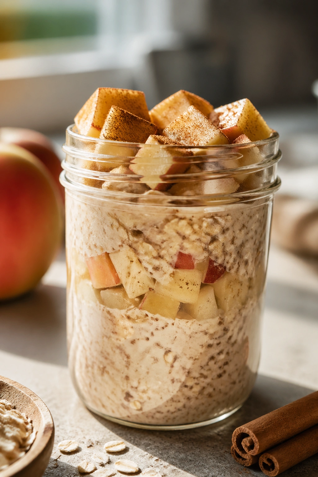 Apple cinnamon overnight oats in a glass jar on kitchen counter