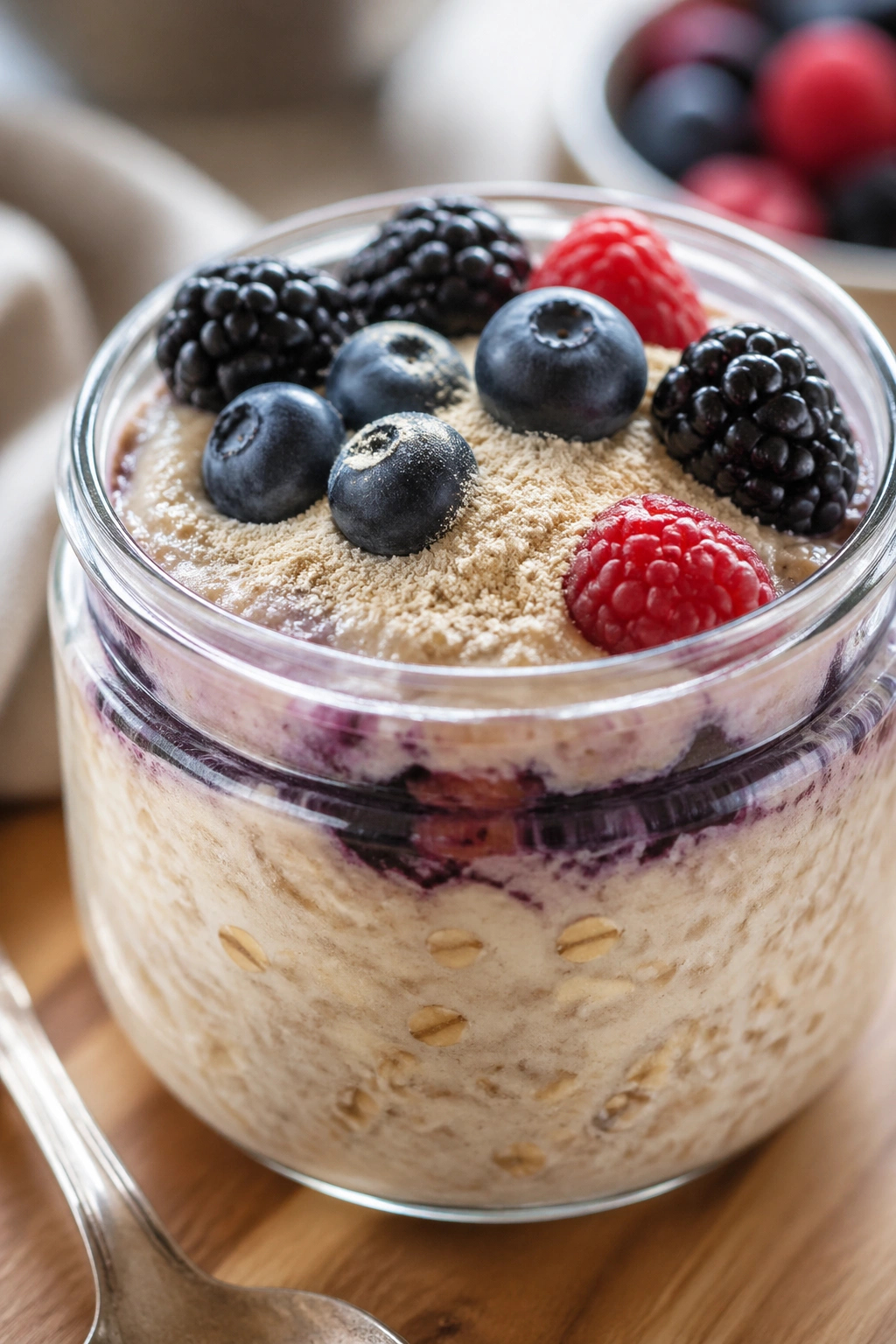 Overnight oats with berries and protein powder in a jar