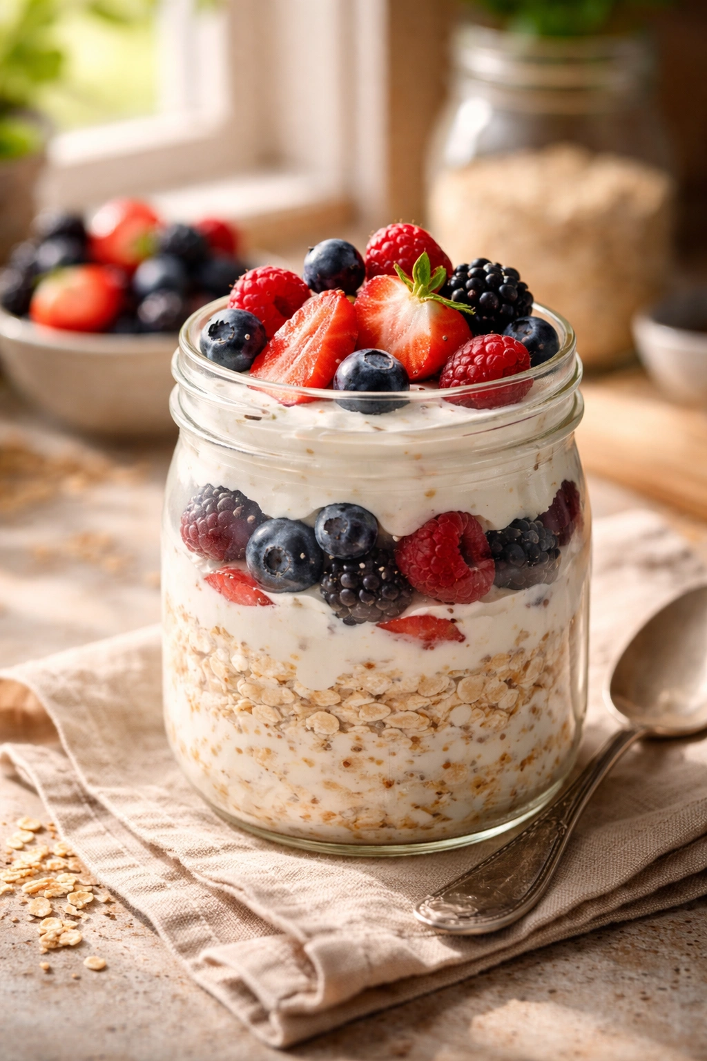 Glass jar of Greek yogurt overnight oats with berries on a sunlit kitchen counter.
