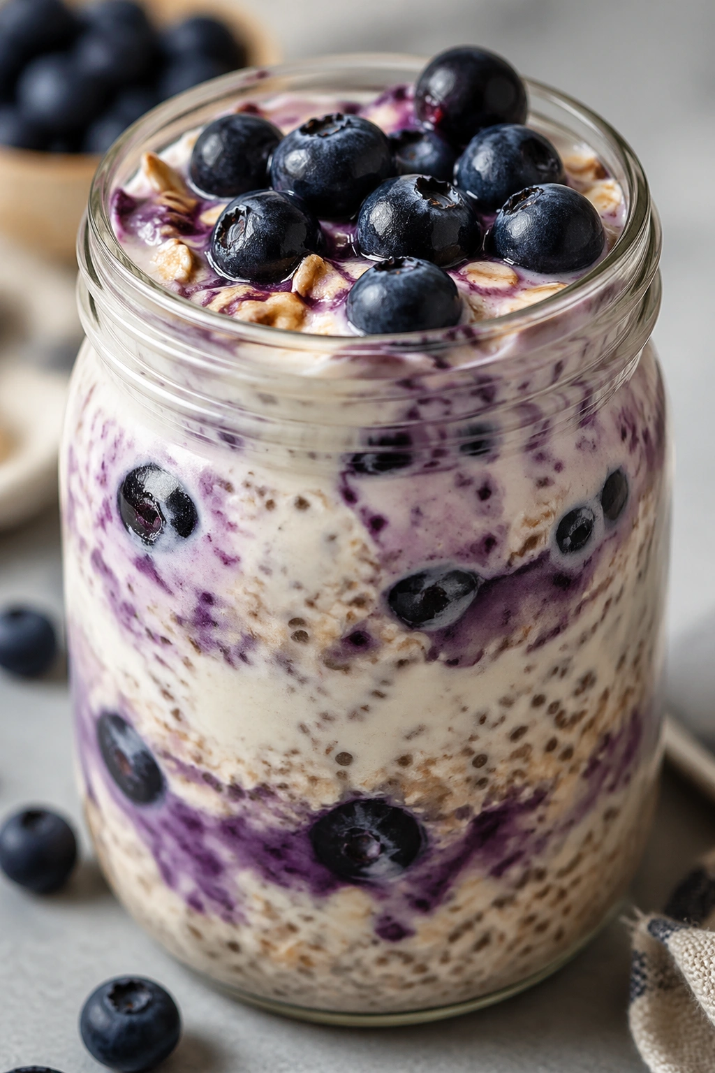 Overnight oats in a glass jar with blueberries