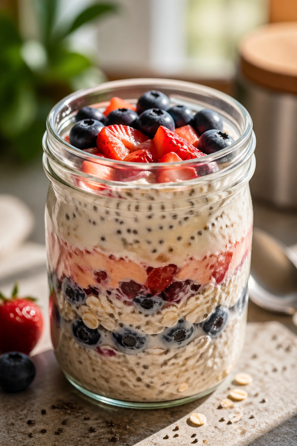 Jar of overnight oats with chia and berries.