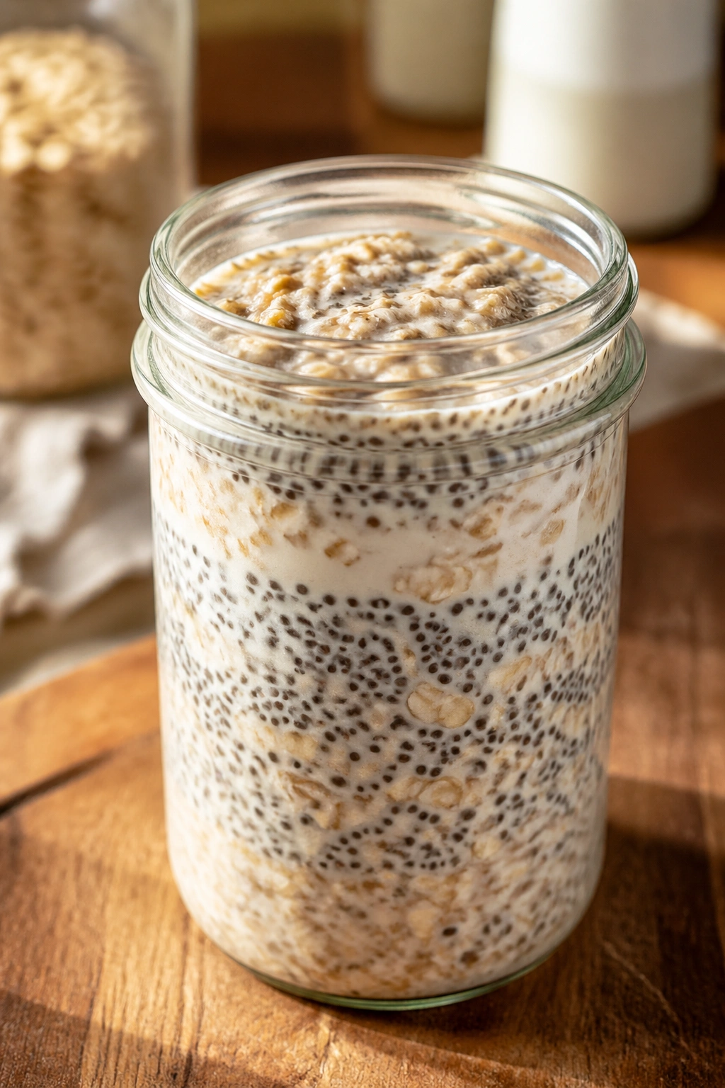 Jar of overnight oats with chia seeds and milk