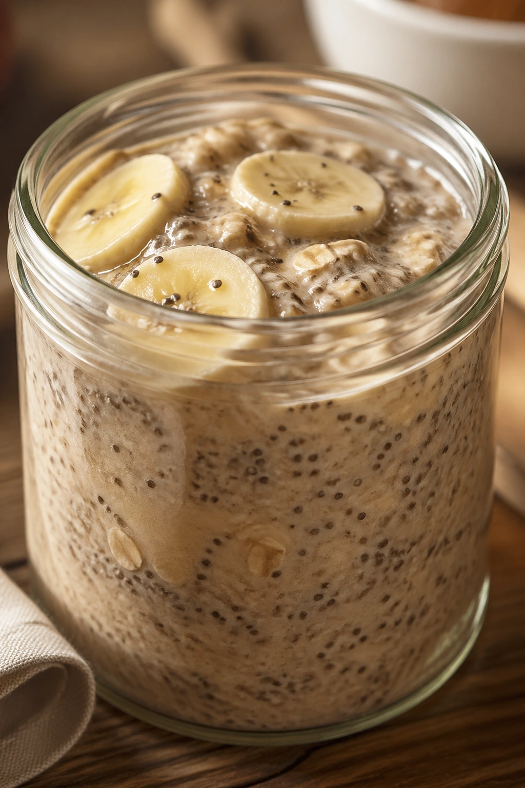 Overnight oats with chia and banana in a glass jar on a morning table
