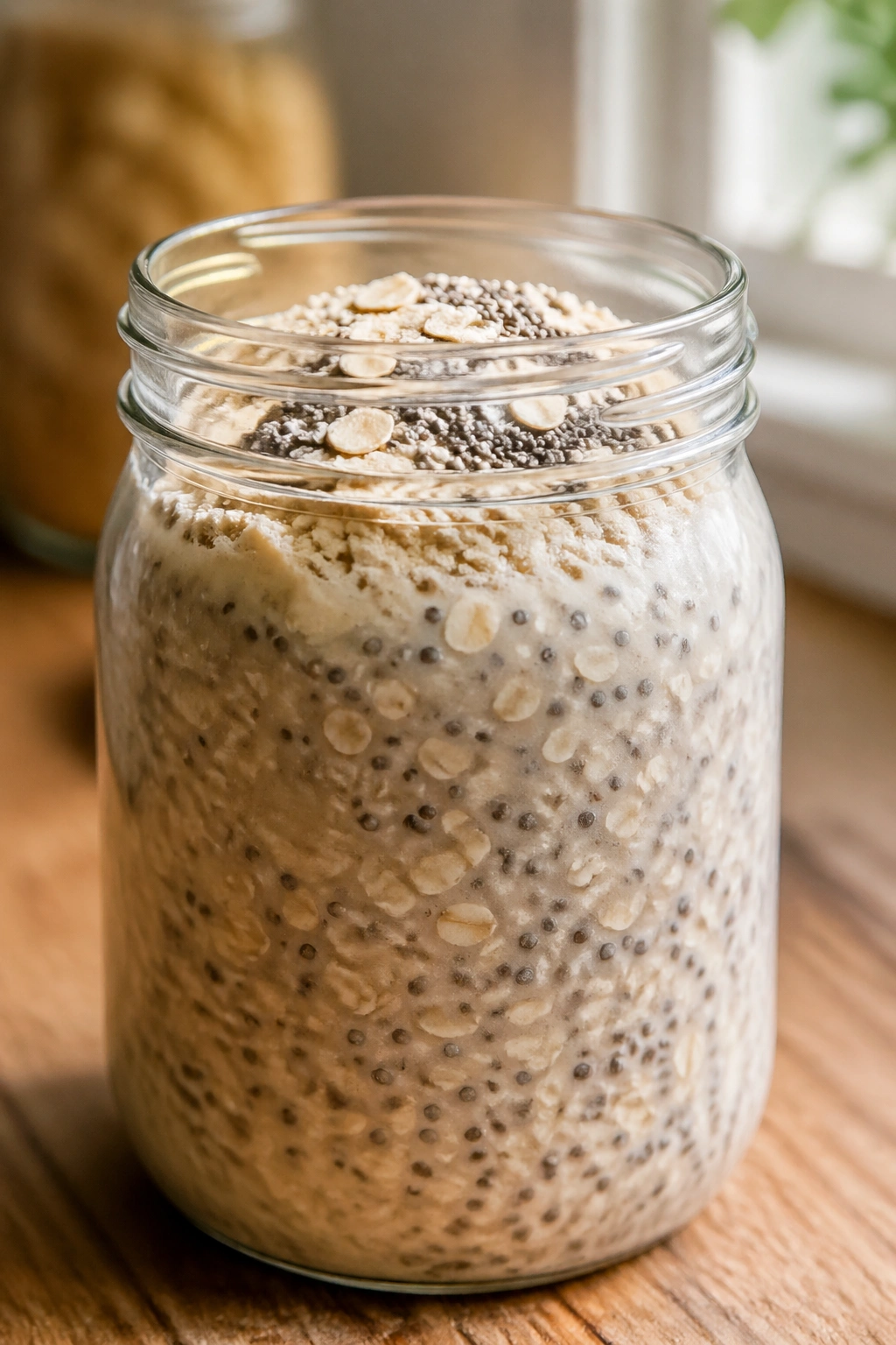 Jar of overnight oats with chia seeds on a wooden counter