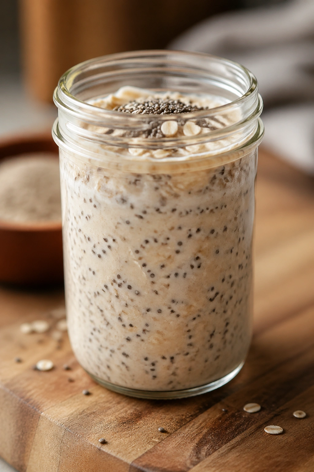 Close-up jar of Overnight Oats with chia seeds on kitchen counter.