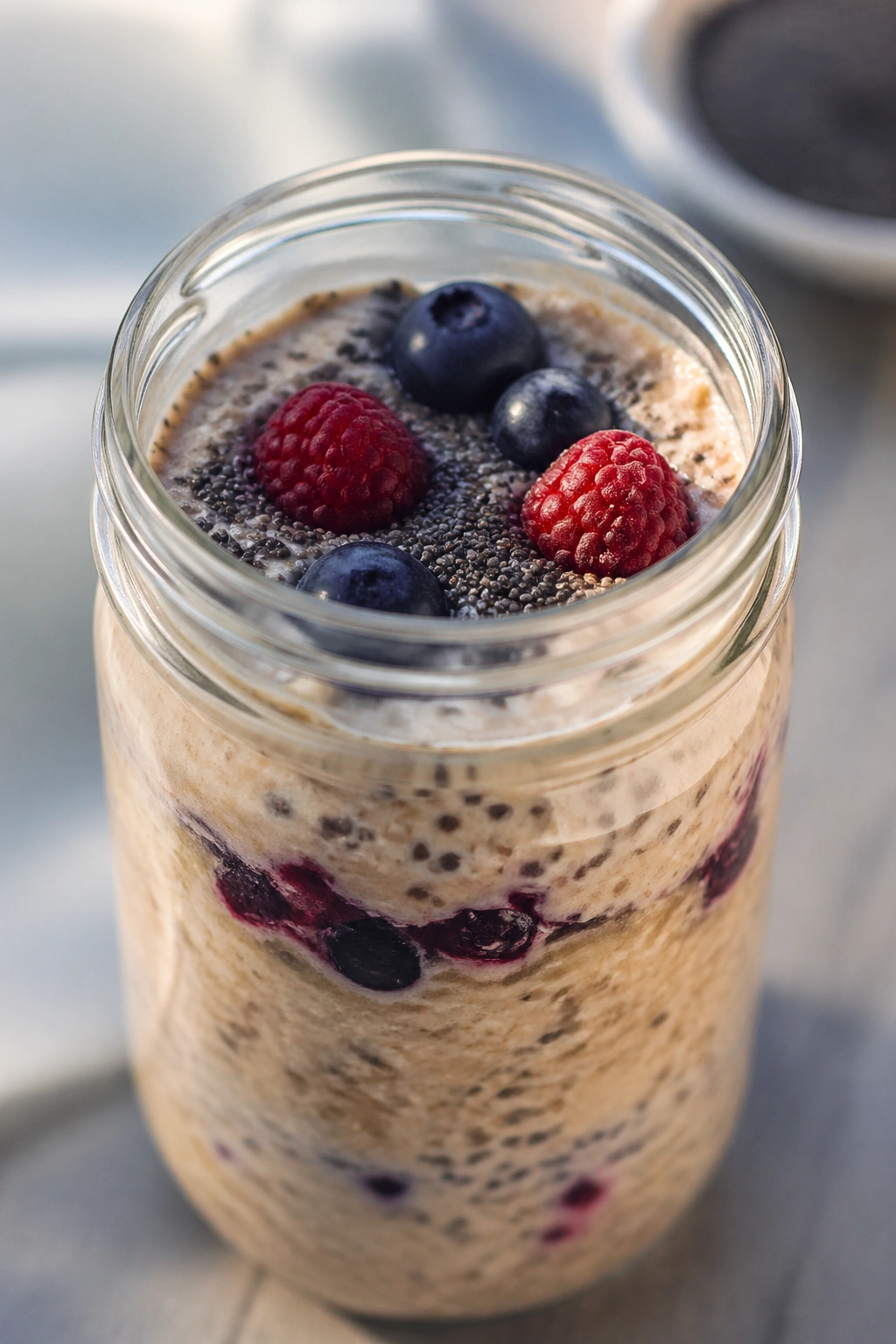 Overnight oats in a mason jar with chia topping