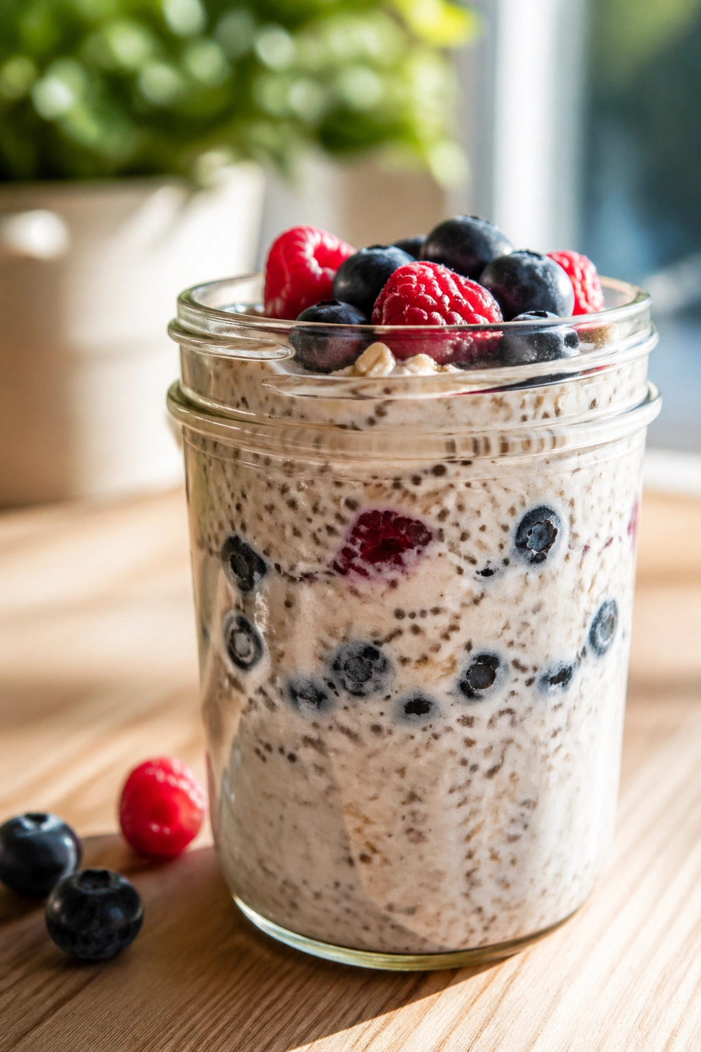 Jar of overnight oats with chia seeds on a wooden counter in morning light