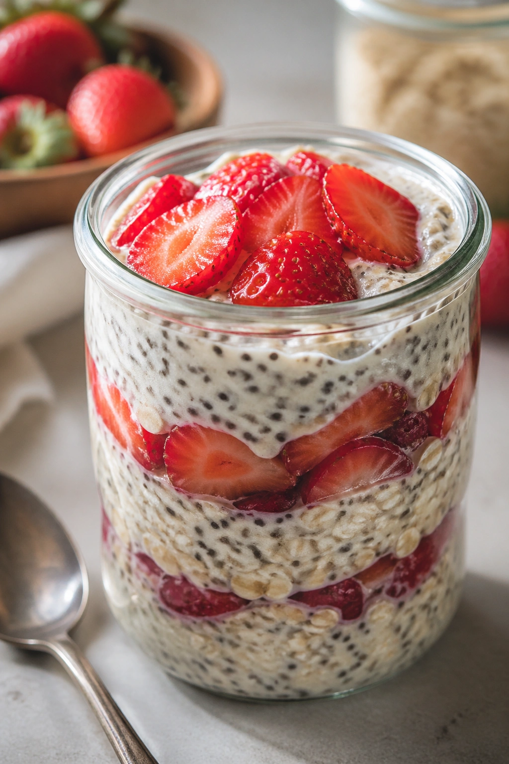 Overnight oats with chia and strawberries in a jar