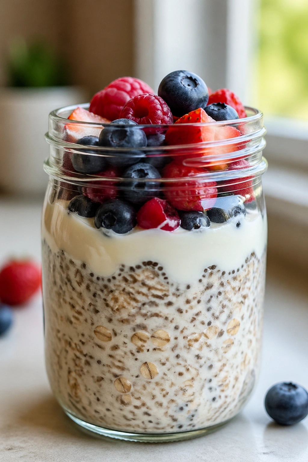 Close-up of overnight oats in a jar with chia and berries on a kitchen counter