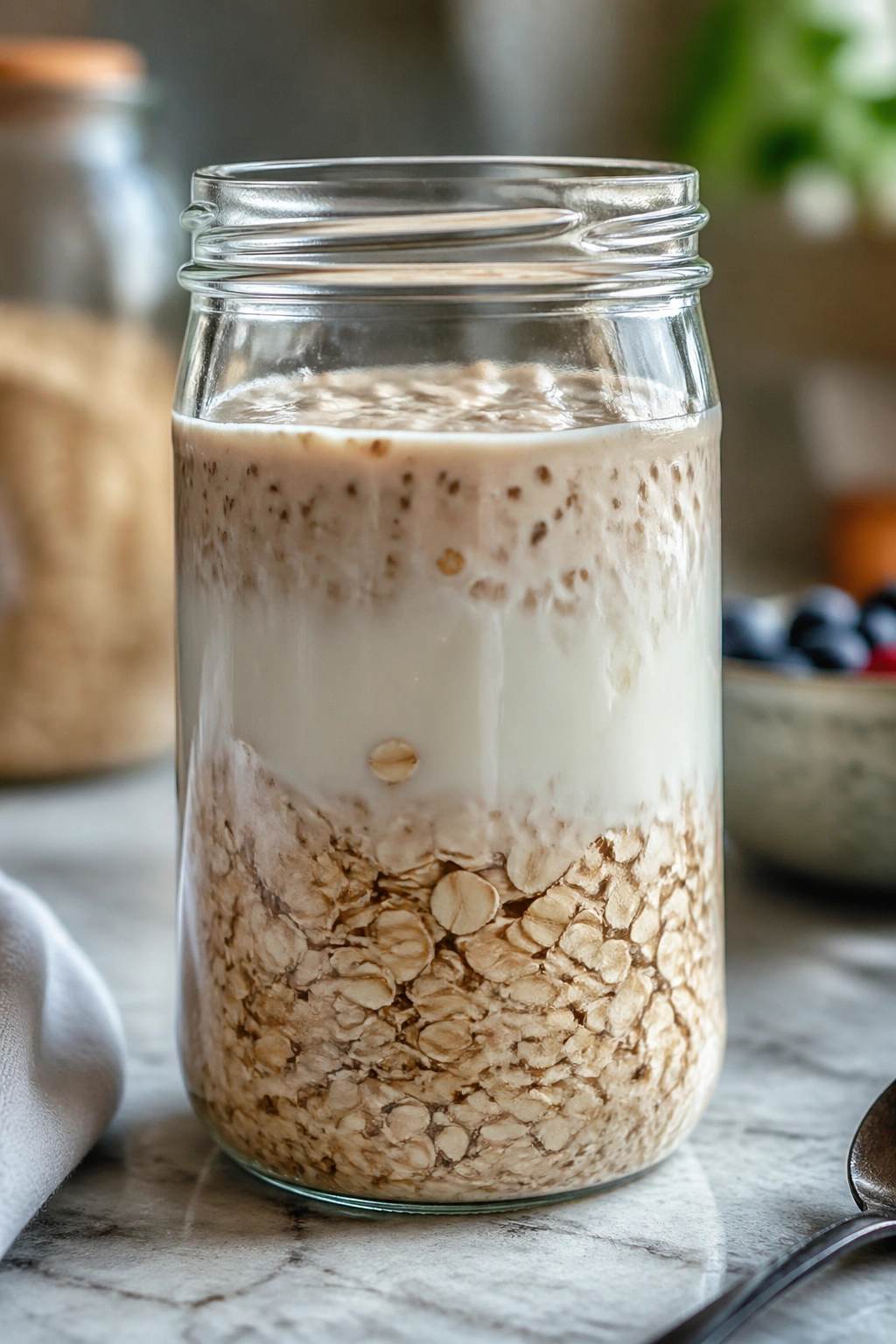 Creamy overnight oats jar showing distinct oat and liquid layers