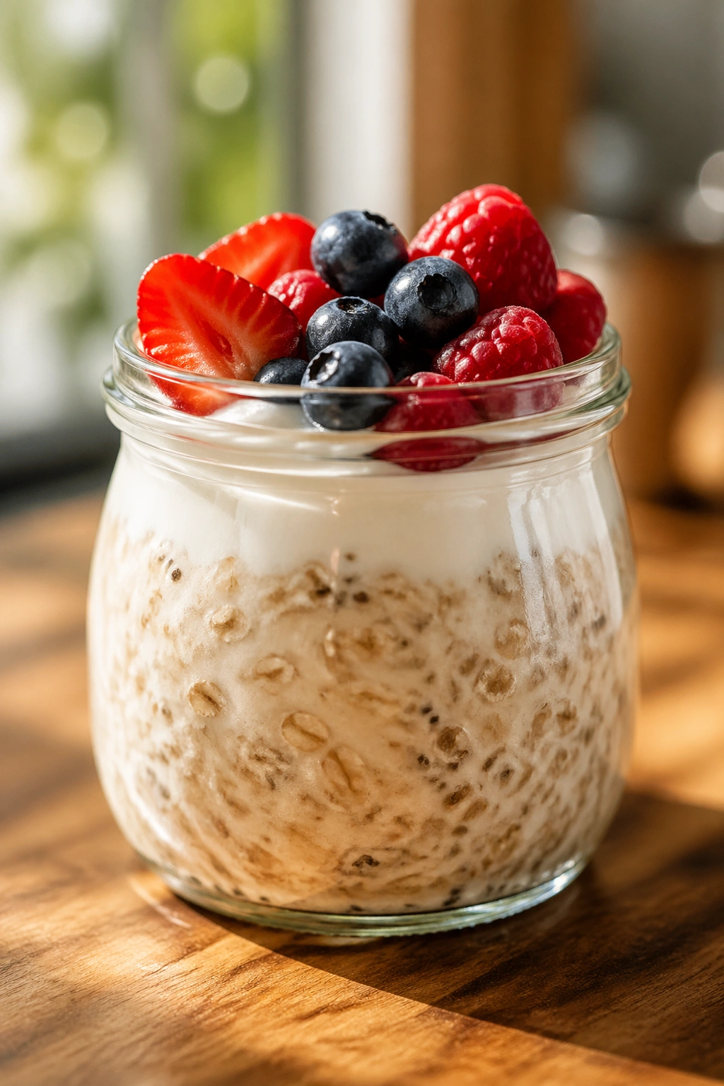 Close-up of overnight oats with Greek yogurt in a small jar, topped with berries on a wooden counter