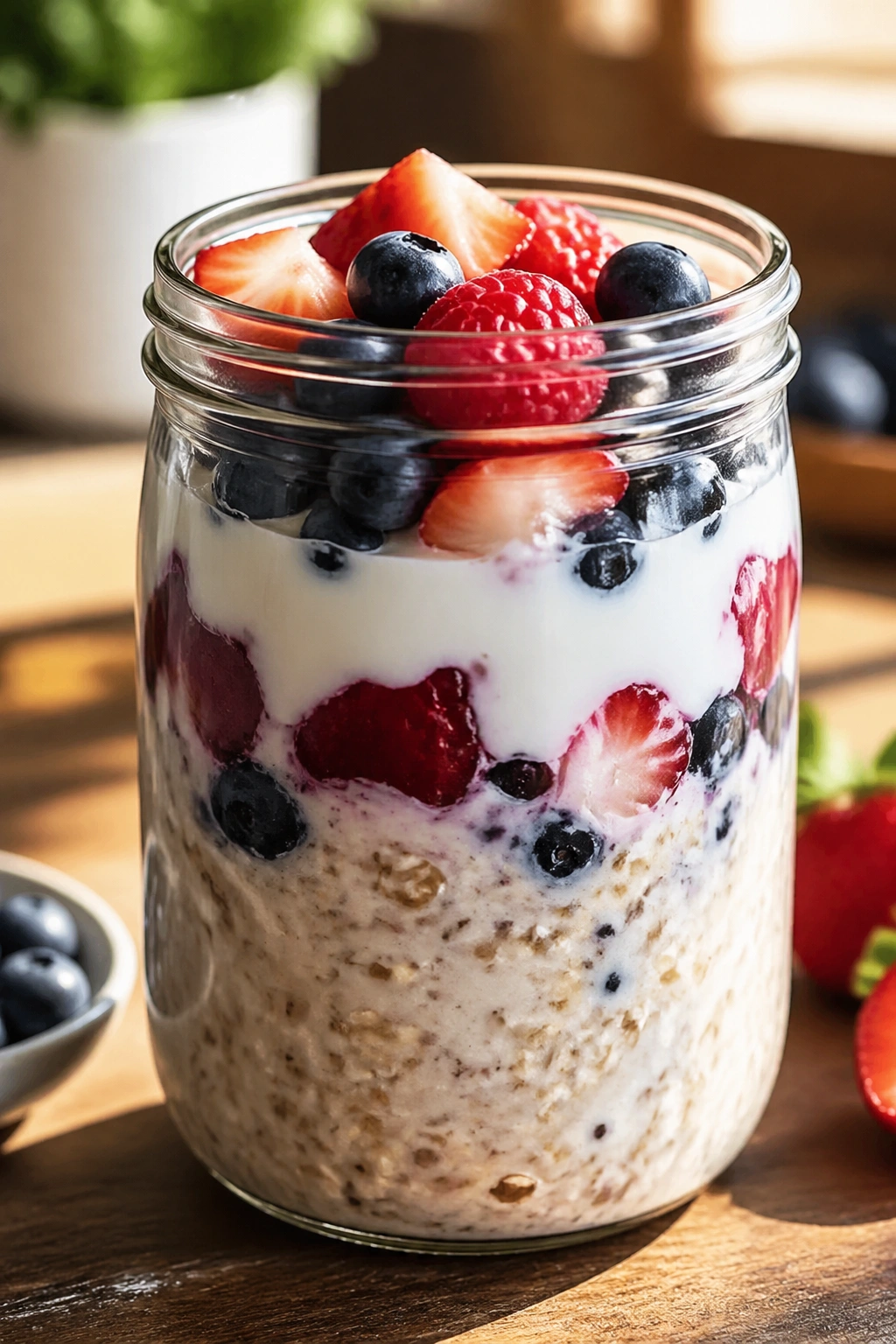 Close-up of Greek yogurt berry overnight oats in a glass jar on a wooden counter