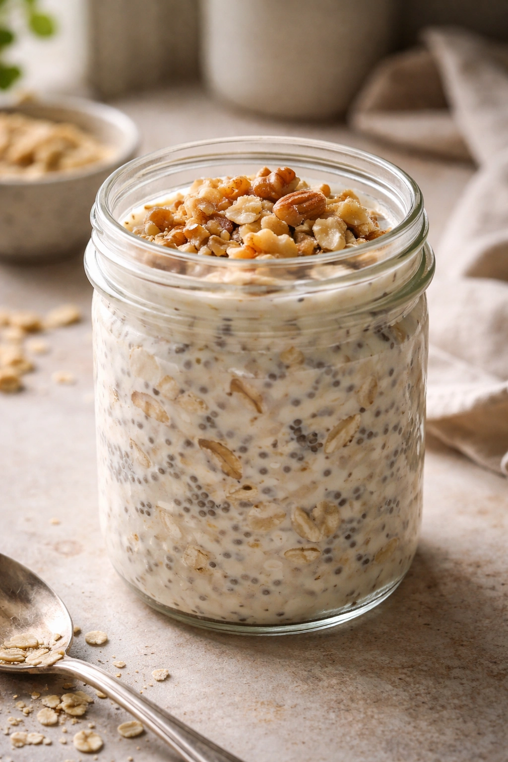 Close-up of thick Greek yogurt overnight oats in a glass jar