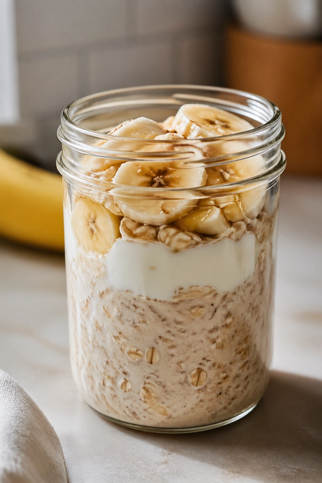 Close-up of overnight oats in a jar with banana topping on a kitchen counter