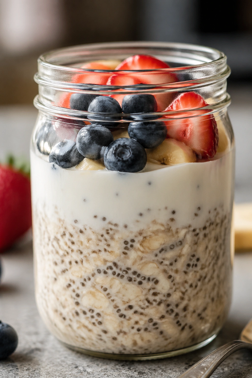 Jar of layered overnight oats with yogurt and fruit