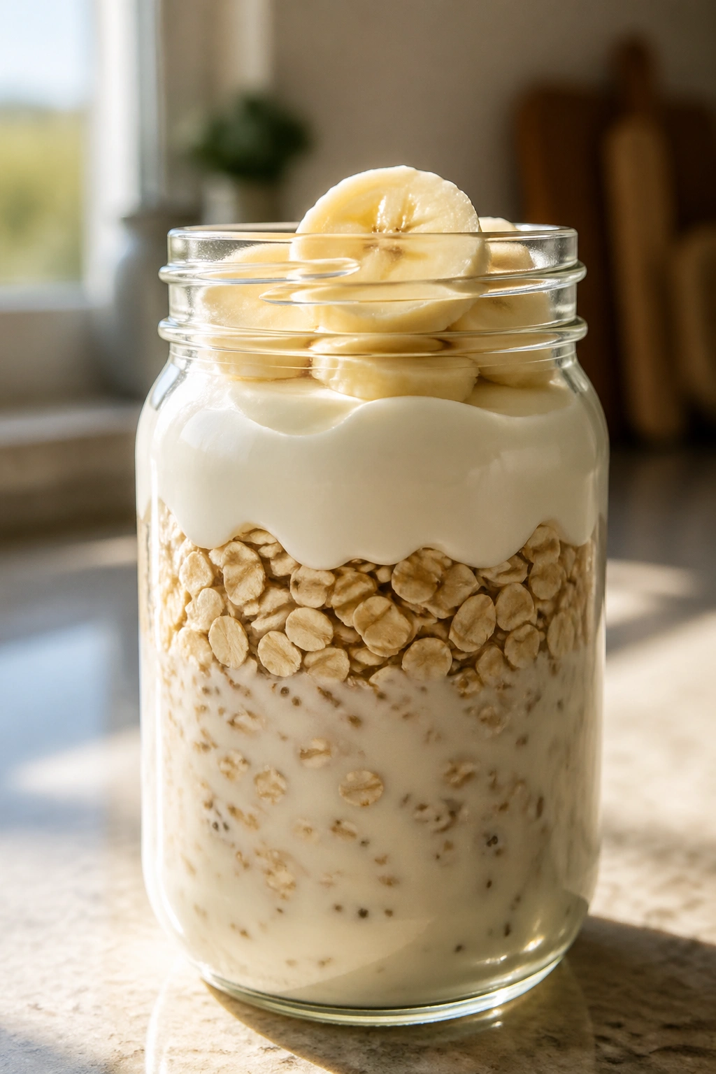 Close-up of overnight oats in a jar with banana and yogurt on a kitchen counter