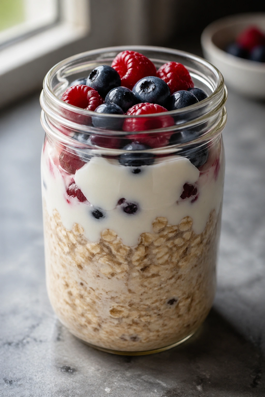 Jar of overnight oats with berries on a kitchen counter