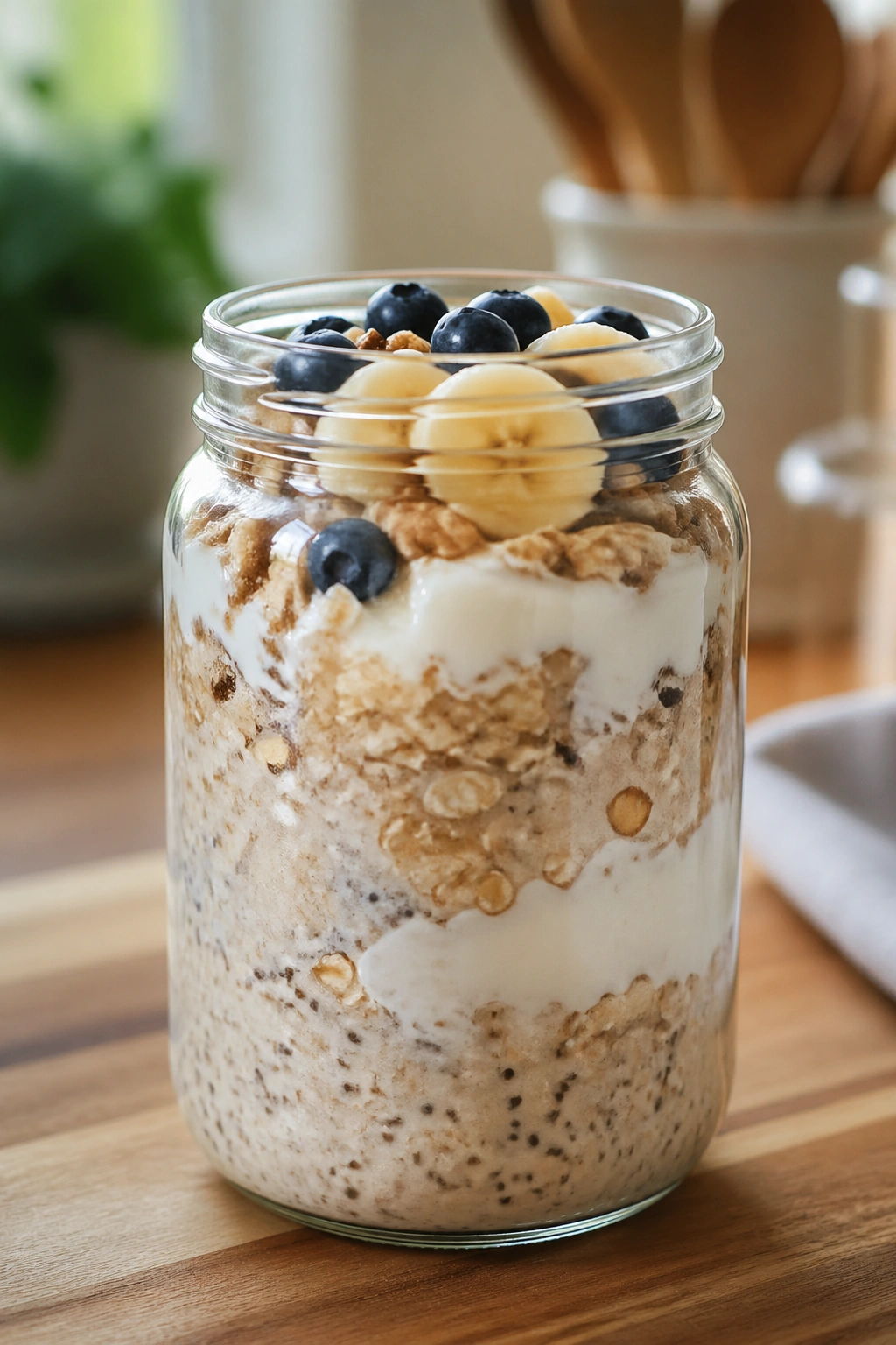 Close-up of overnight oats in a jar on a kitchen counter
