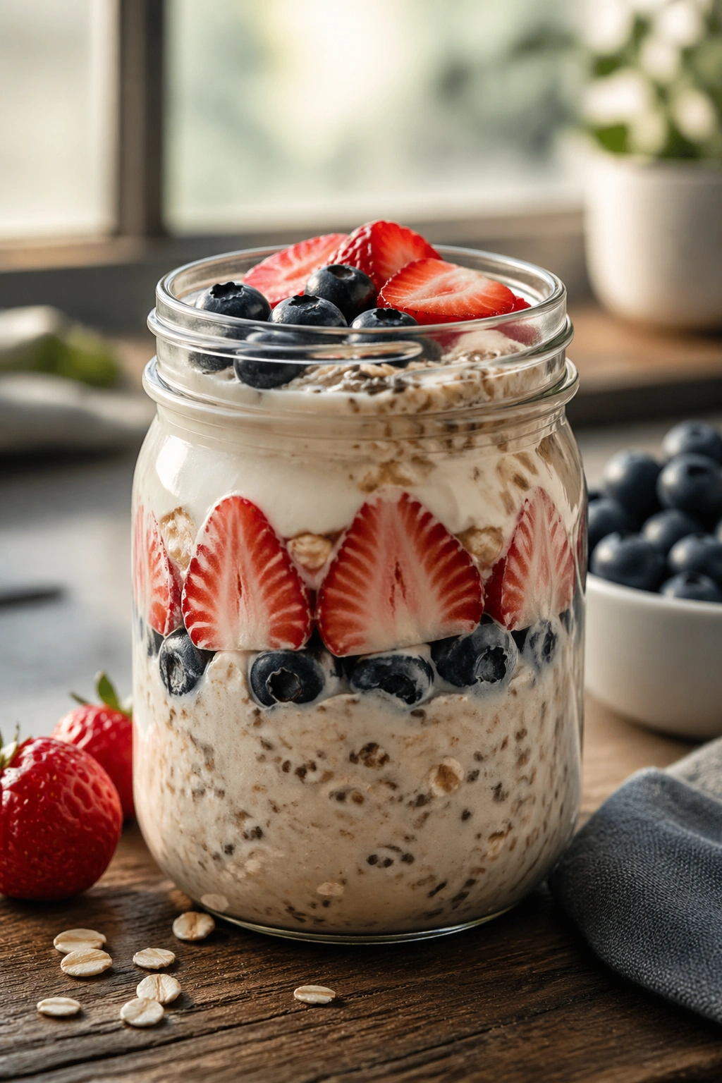 Medium close-up of overnight oats in a glass jar for a grab-and-go pre-workout snack.