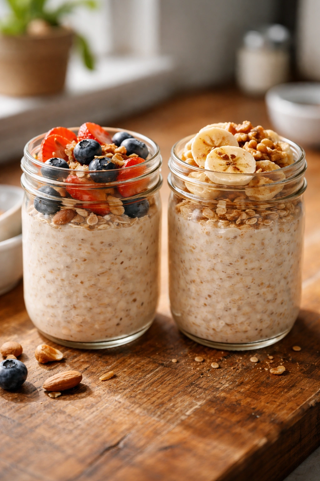 Two jars of overnight oats with different toppings