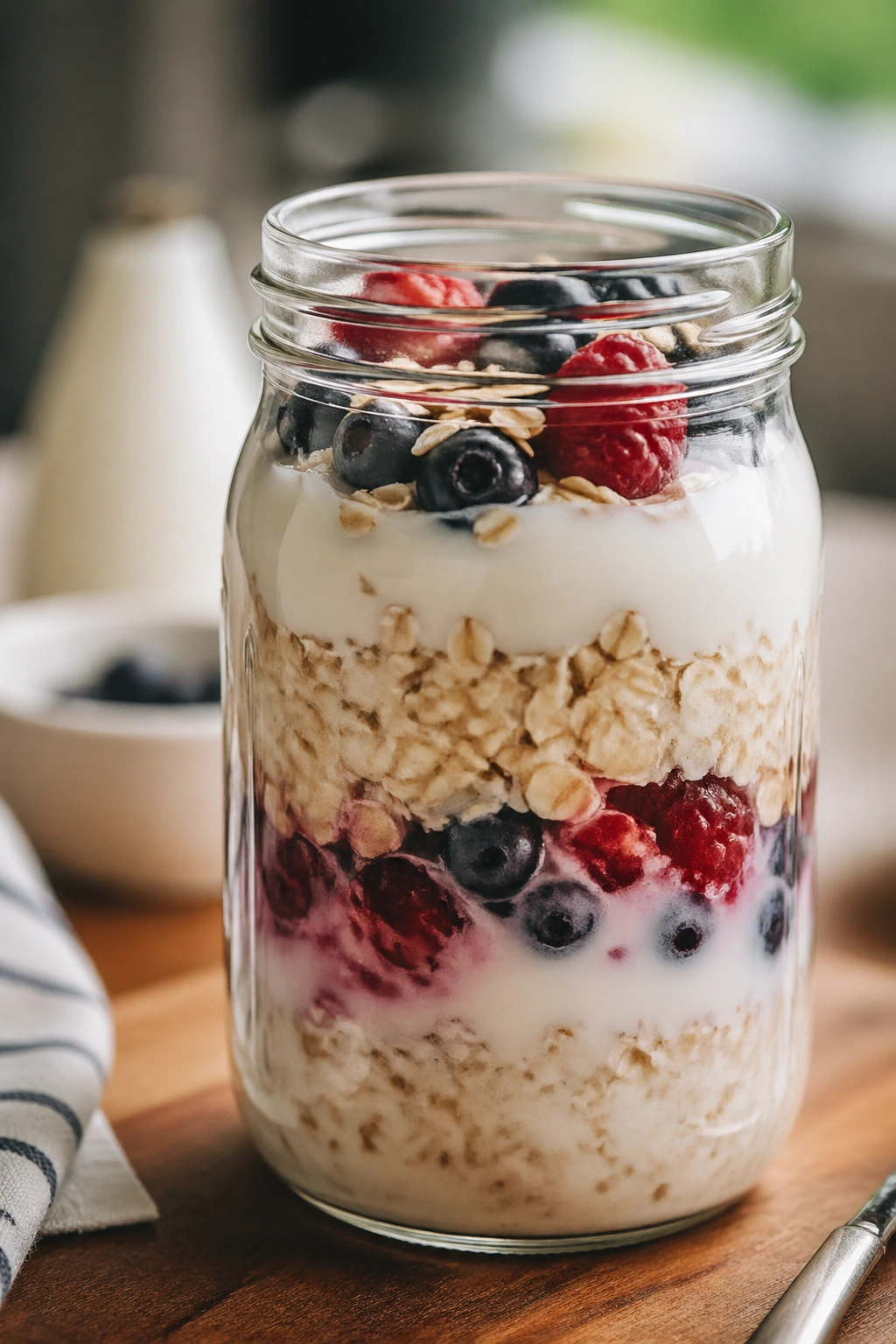 Glass jar of overnight oats with kefir and berries in a bright morning kitchen