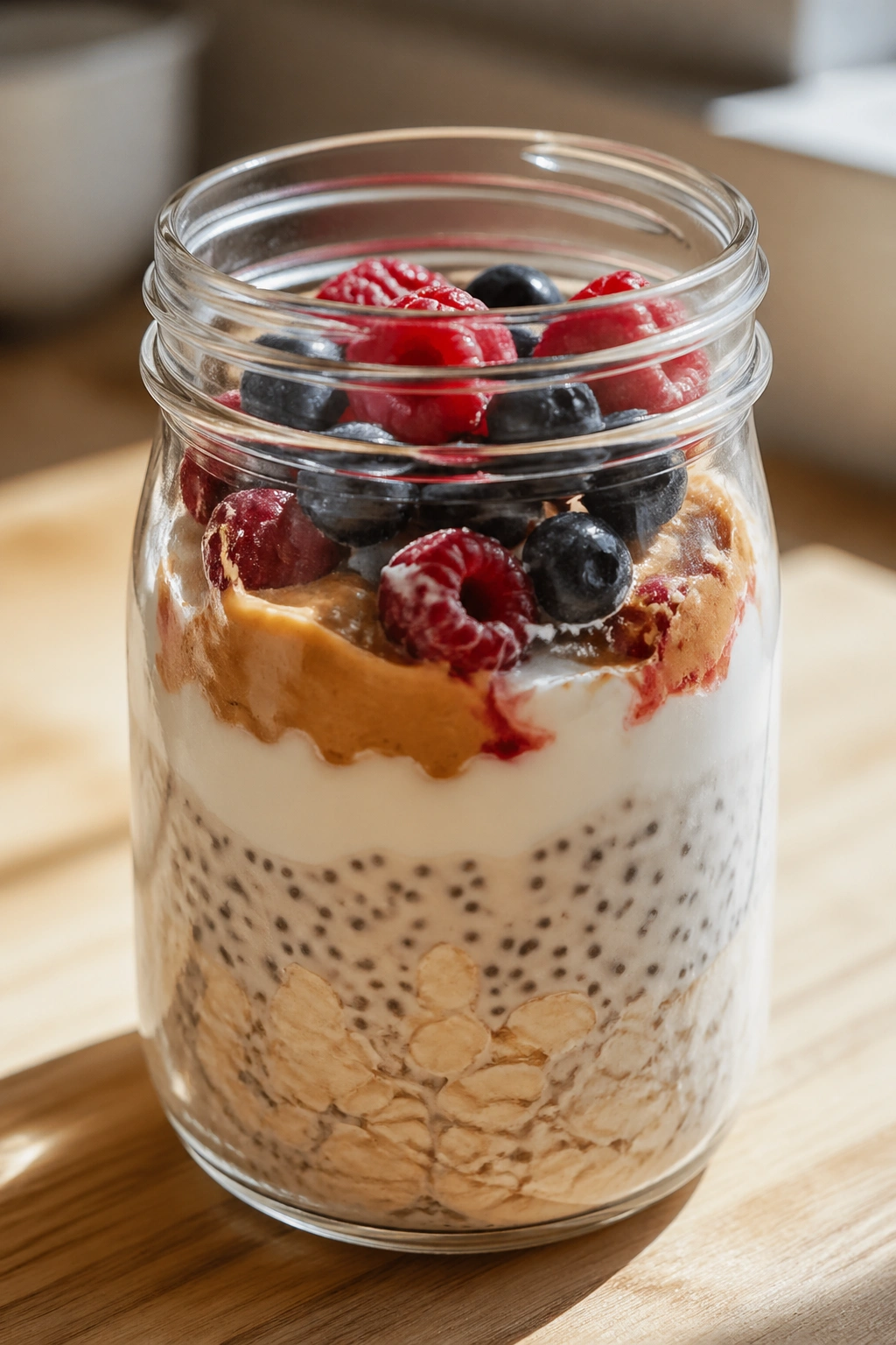 Overnight oats in mason jar with berries.