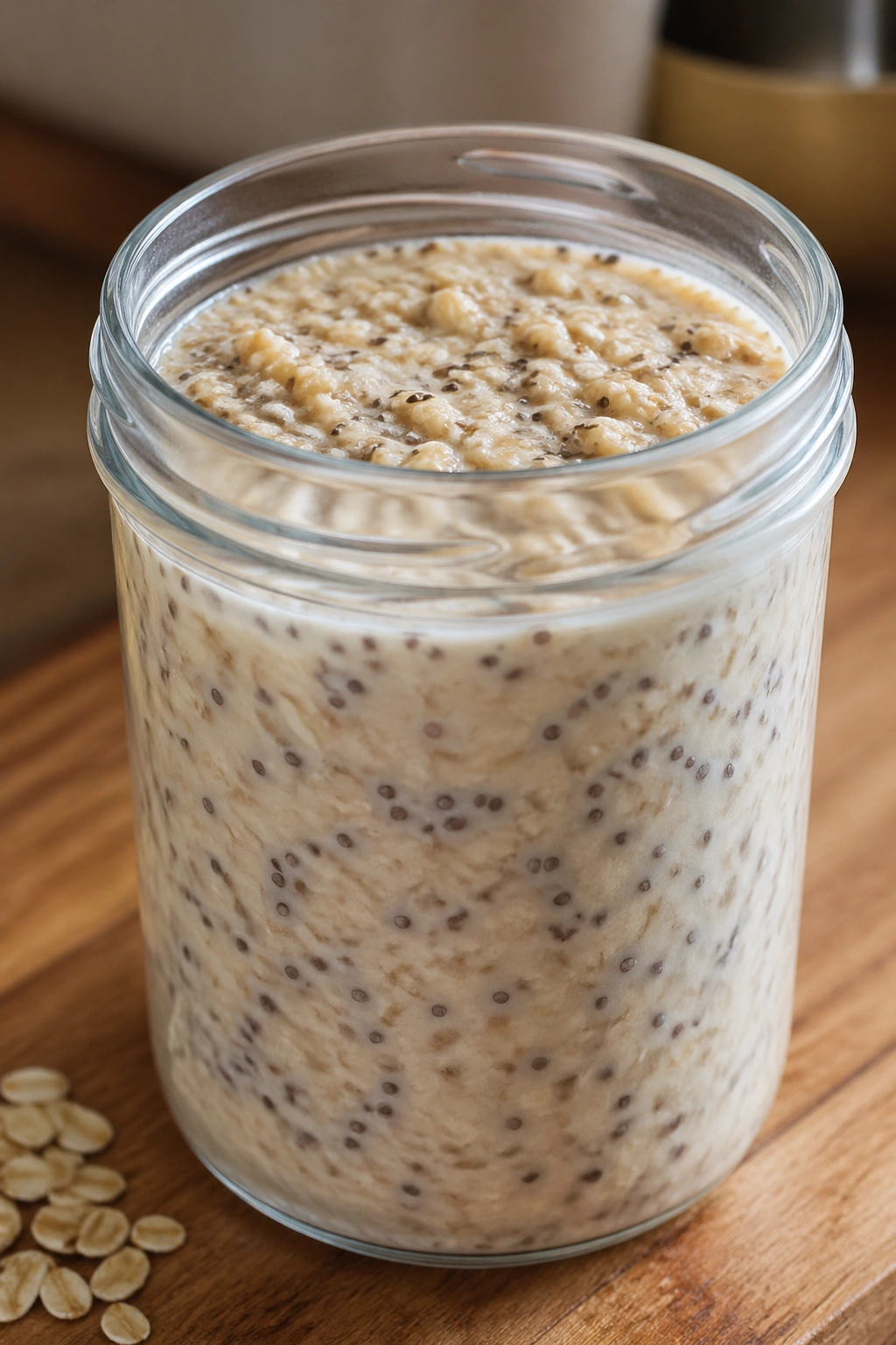 Close-up of overnight oats with milk and chia in a jar