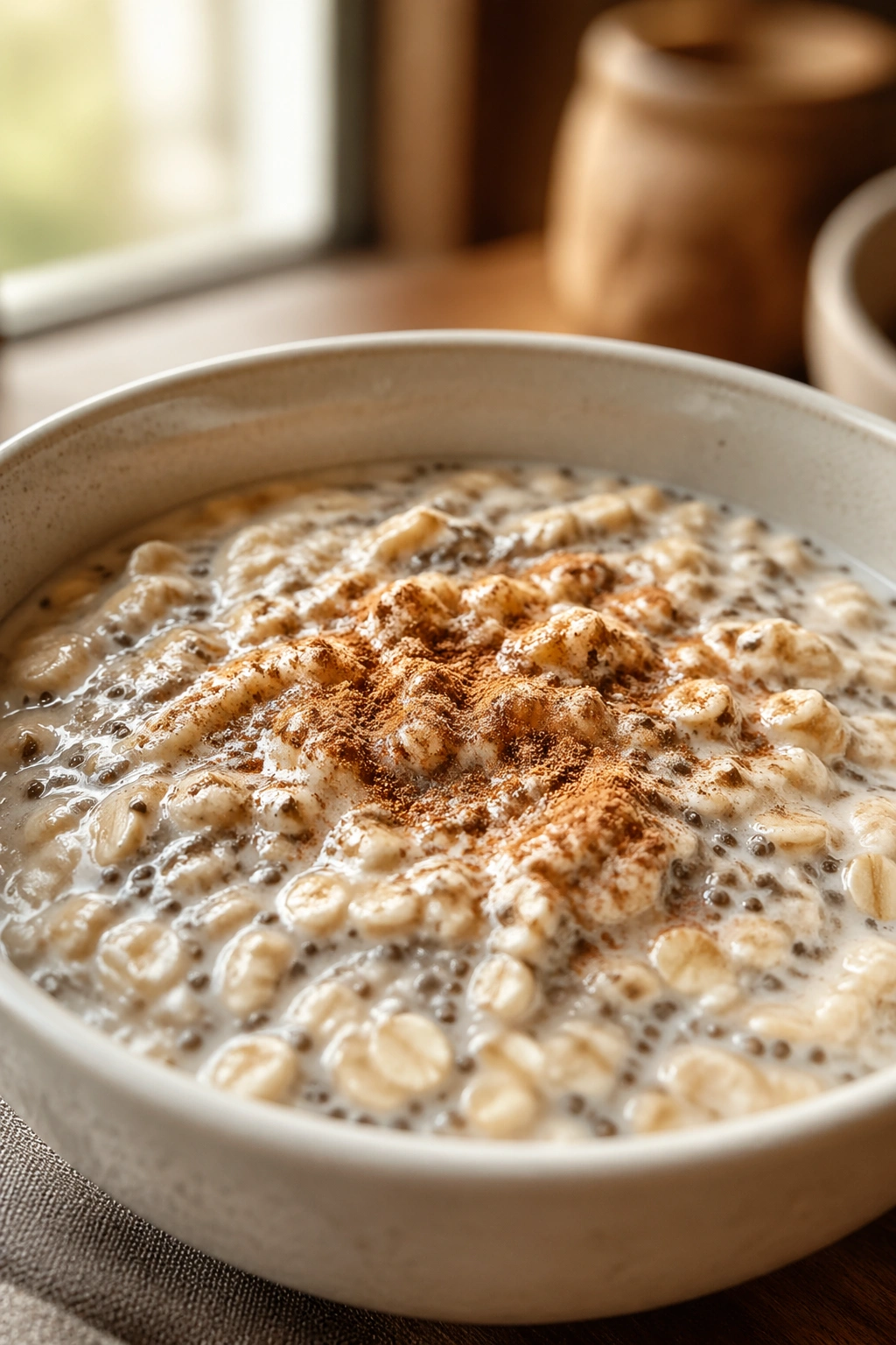 Close-up of a bowl of overnight oats with chia seeds and cinnamon in warm morning light