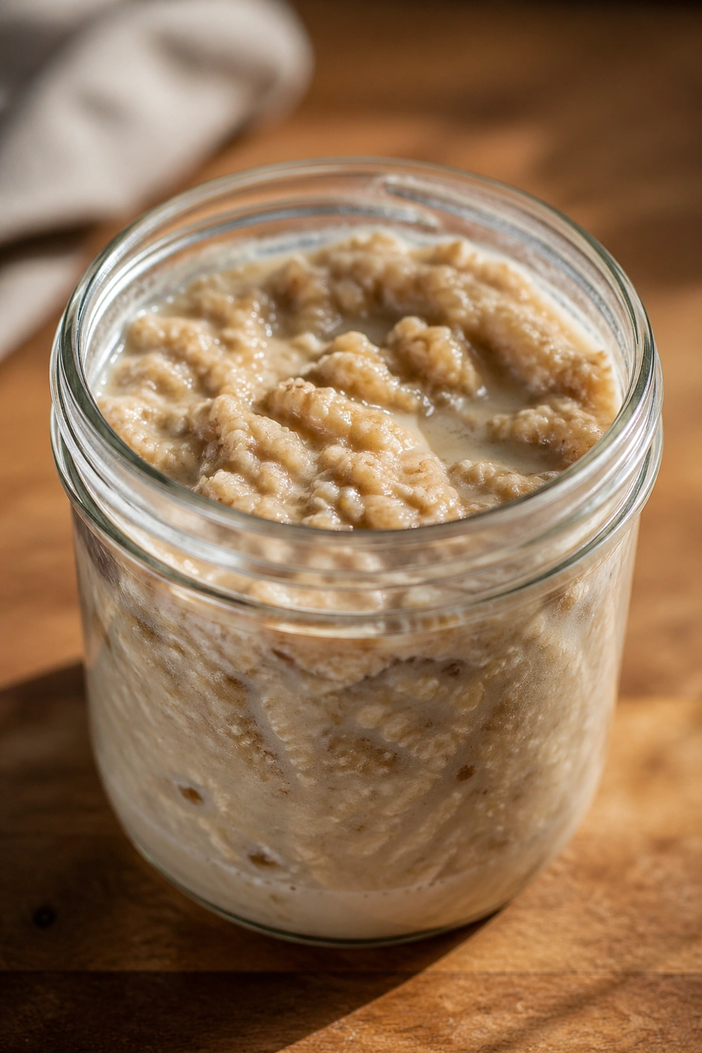 Close-up of mushy oats in a jar illustrating texture mistakes in overnight oats.