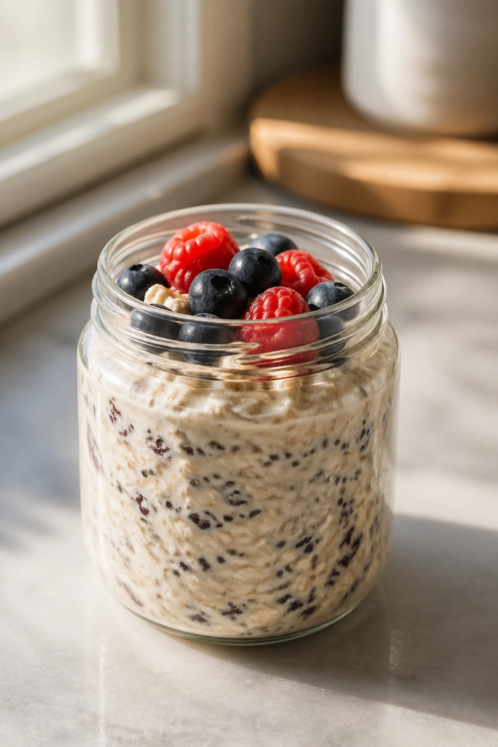 Jar of protein overnight oats with berries