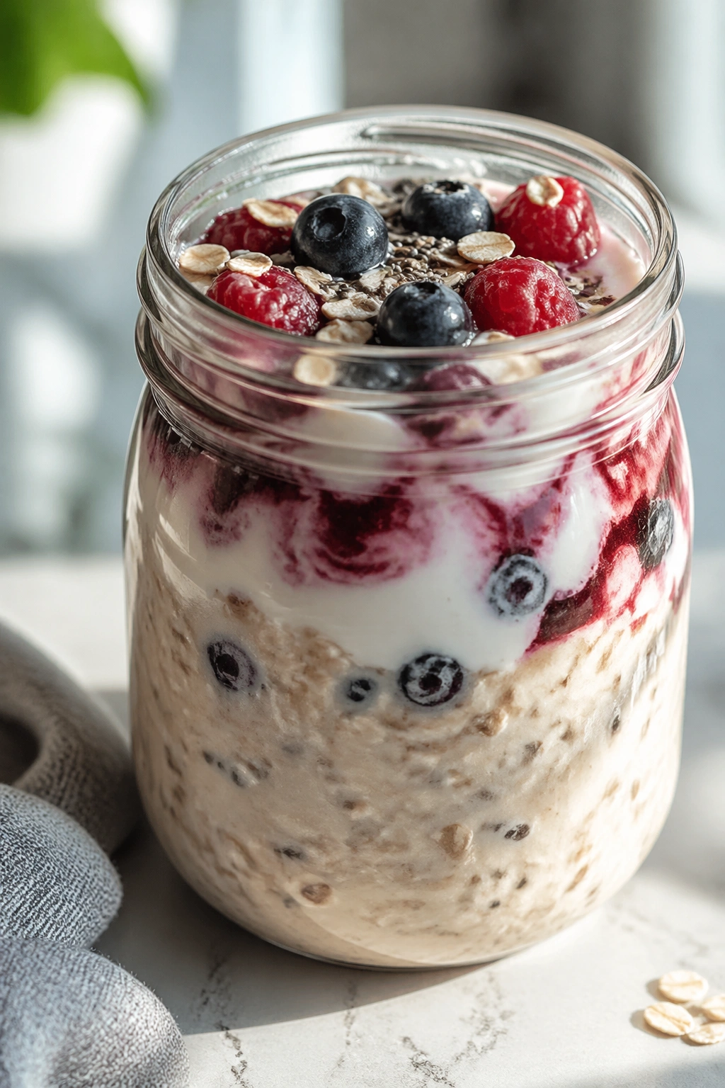 Jar of protein overnight oats with berries