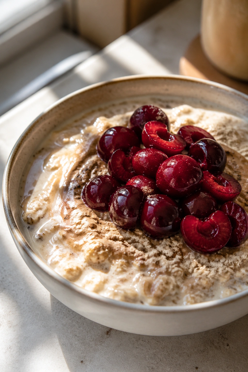 Oats in soy milk with protein powder and cherries in a bowl