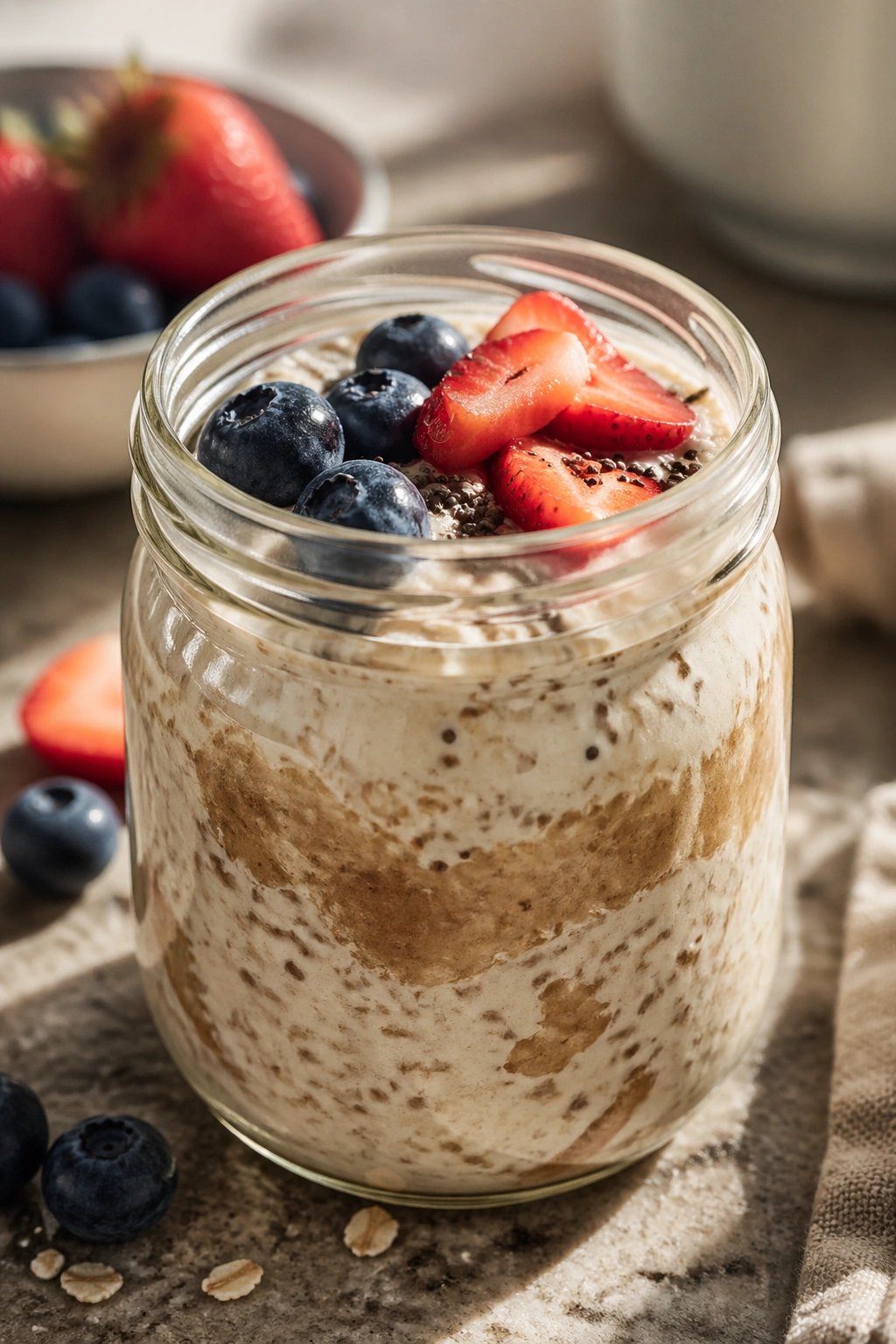Jar of overnight oats with protein powder in a kitchen setting
