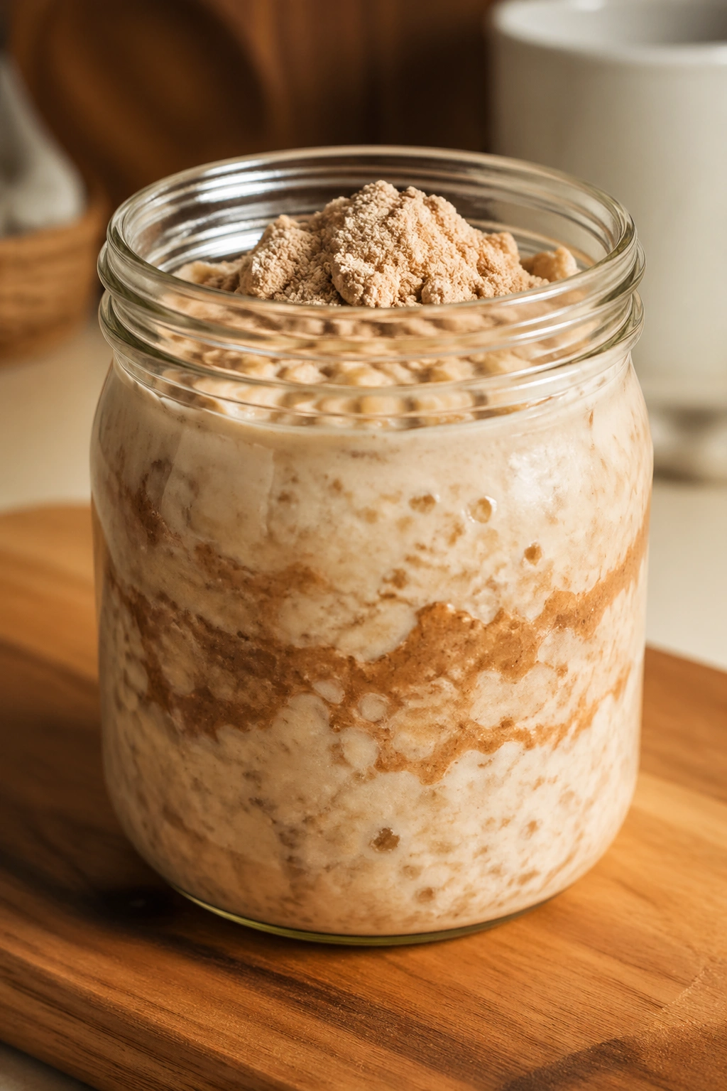 Jar of overnight oats with protein powder on a kitchen counter