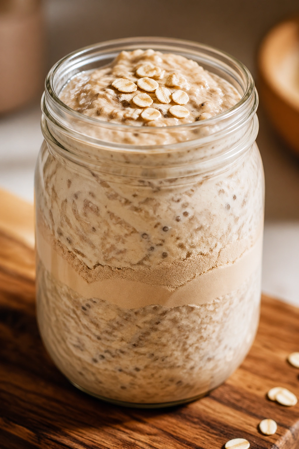 Close-up of a glass jar of overnight oats with protein powder on a rustic kitchen counter