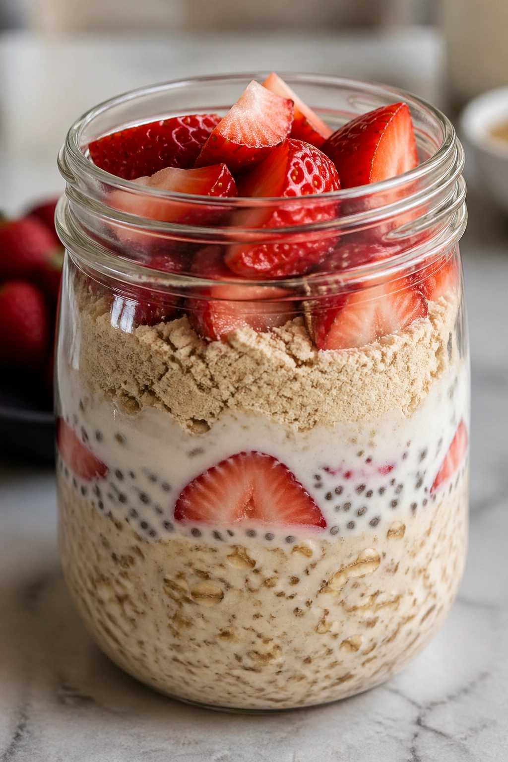 Glass jar of overnight oats with protein powder and strawberries on a kitchen counter.