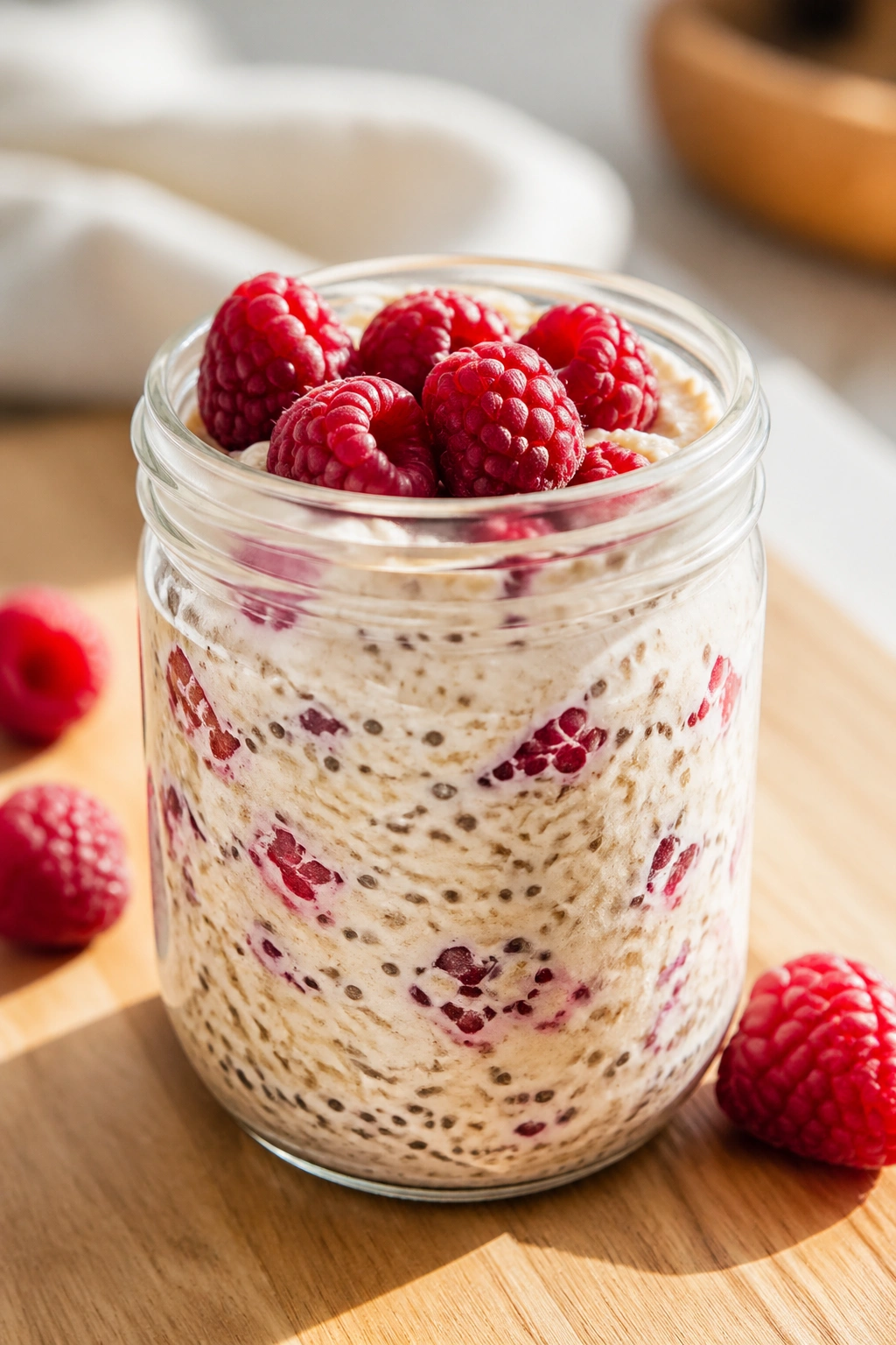 Close-up of protein overnight oats with raspberries in a glass jar