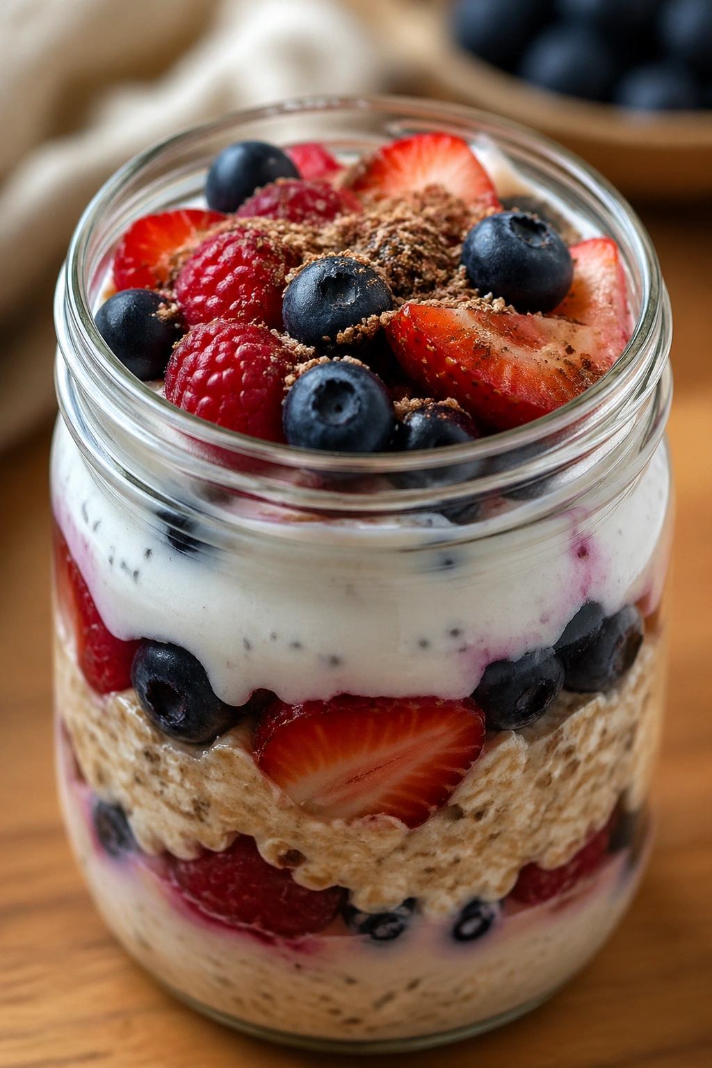 Close-up of mixed berry vanilla skyr oats in a glass jar on a wooden counter