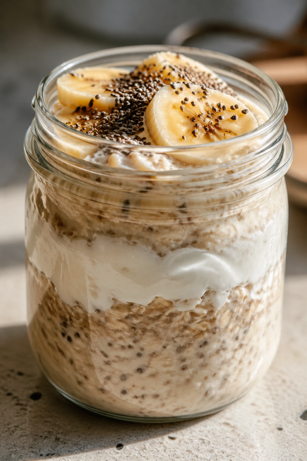 Close-up of overnight oats with skyr chia and banana in a jar