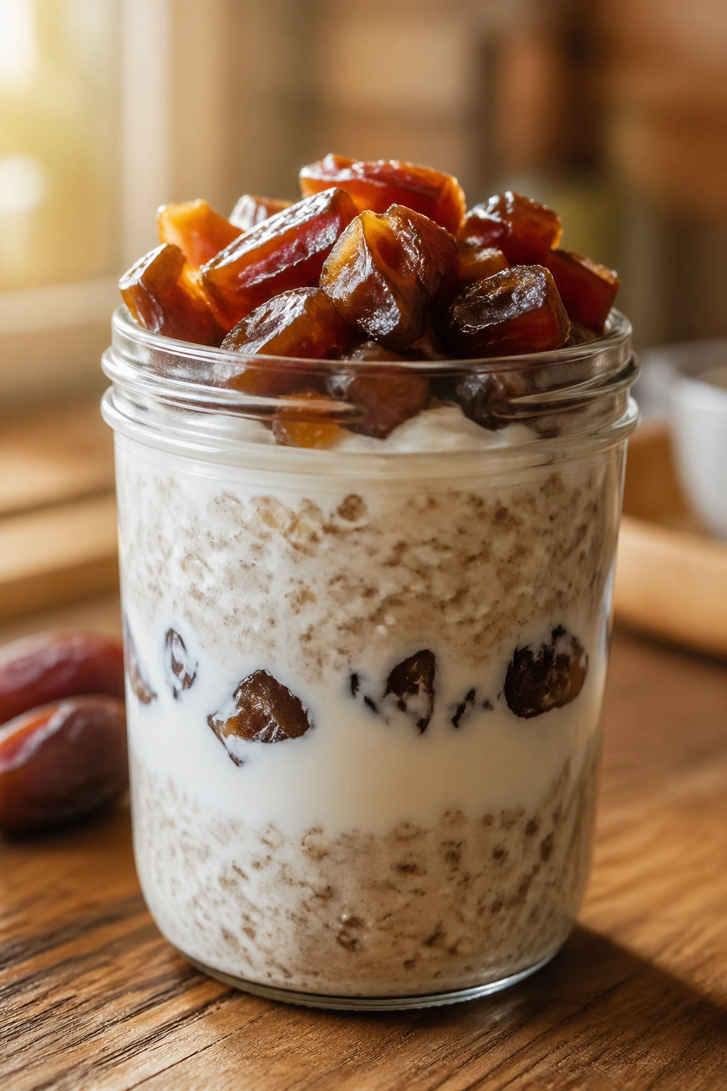 Glass jar of overnight oats with skyr and chopped dates