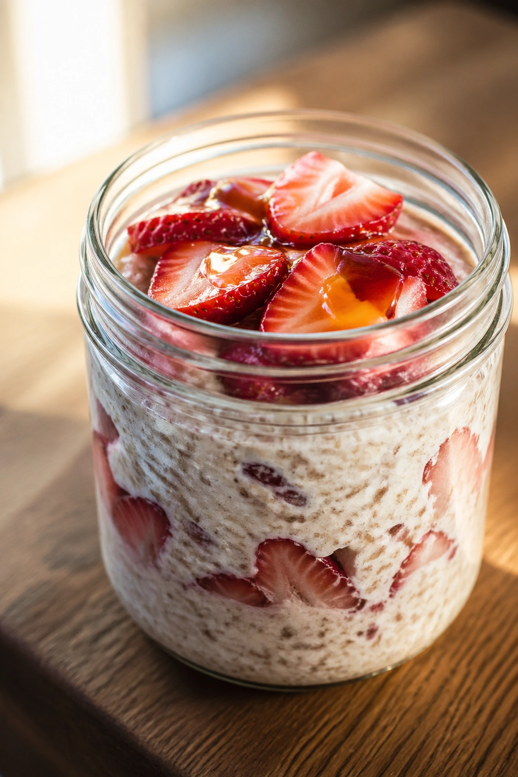 Close-up jar of overnight oats with strawberries and honey